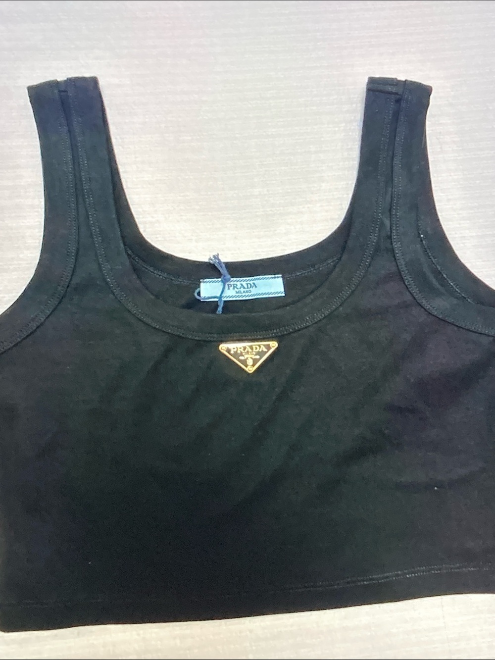Prada Linea Rossa Black Cropped Tank with Gold Triangle Badge